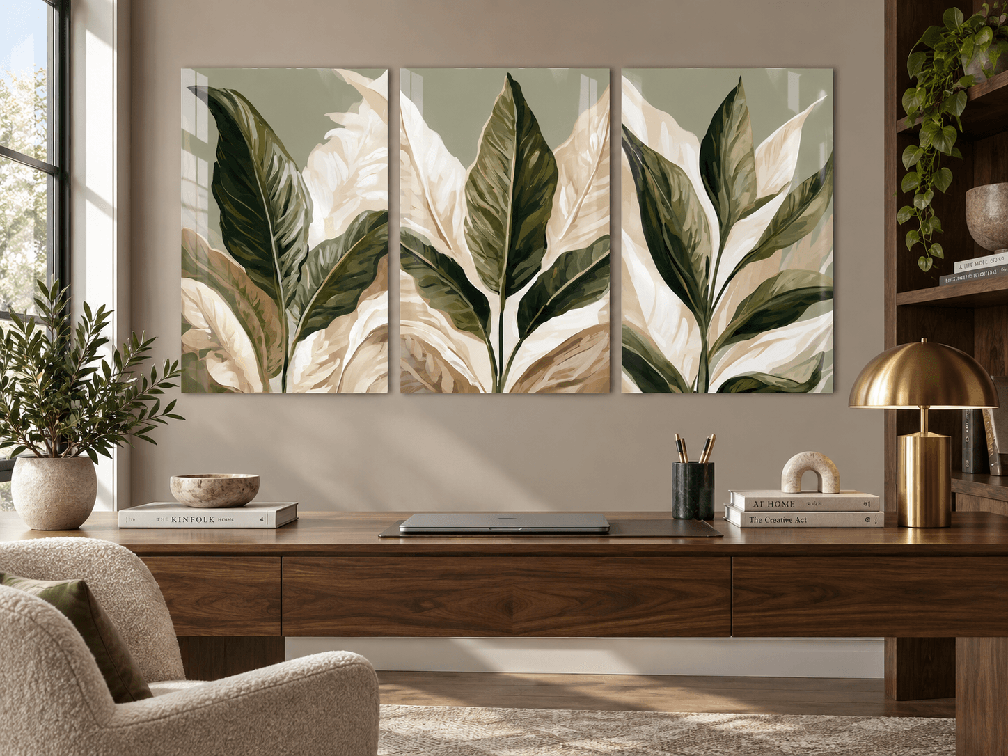 Tropical leaf glass wall art triptych above a walnut home office desk with brass lamp